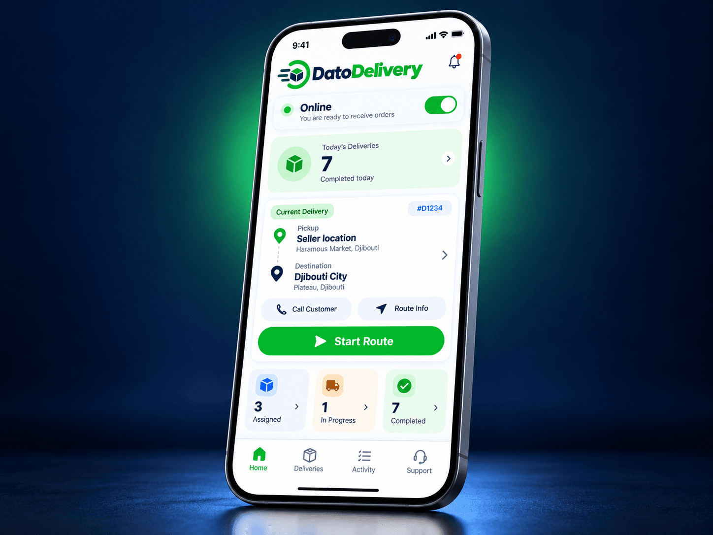 Dato Delivery 配送员移动应用界面预览。