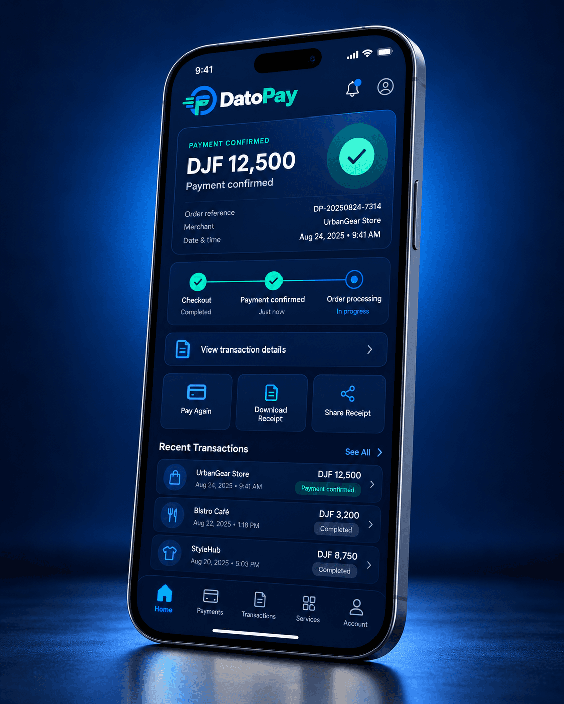 DatoPay 结账与交易应用界面预览。