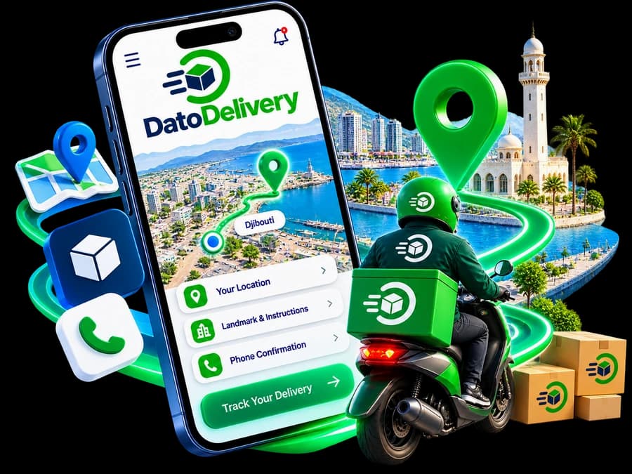 Dato Delivery rider on a scooter with the live tracking app and Djibouti landmarks