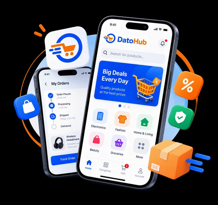 DatoHub marketplace app showing the home screen and order tracking